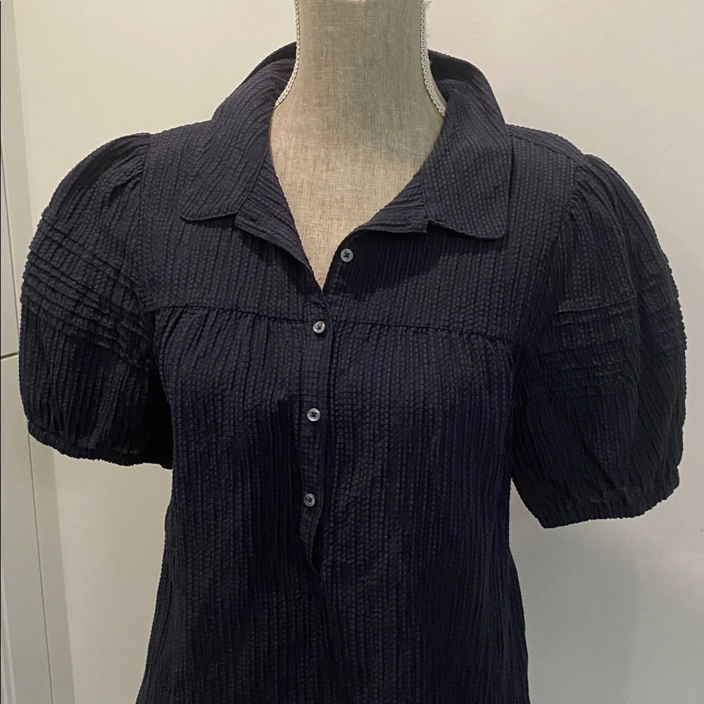 Hudson North Linen Puff Sleeve Blouse Navy Blue Textured Top Size Medium - Picture 12 of 16